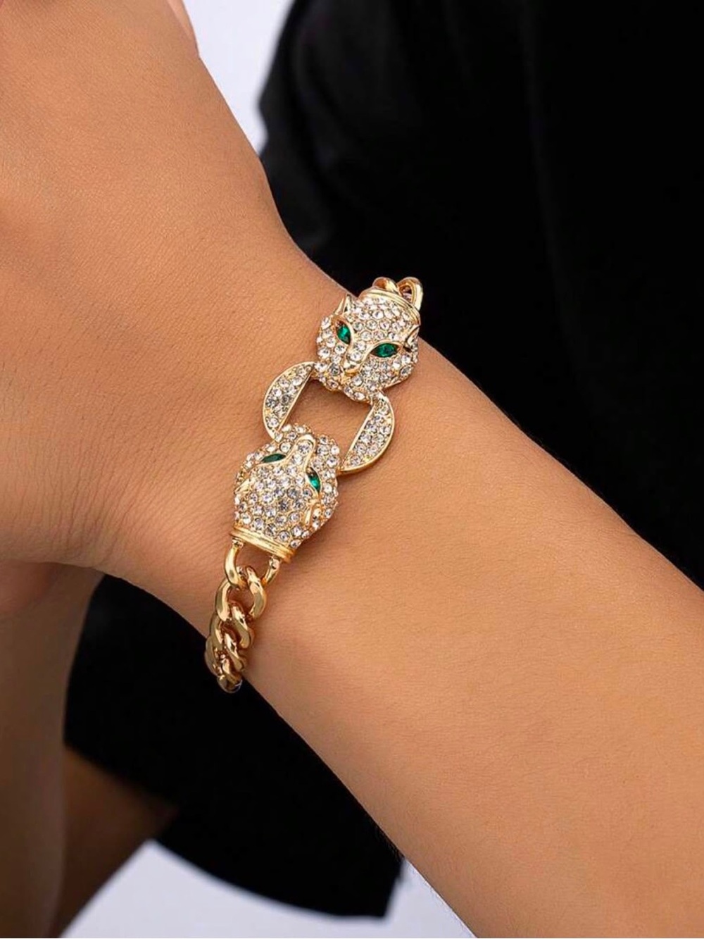 Gold Crystal Panther-Link Bracelet with Green Eyes